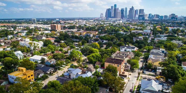 aerial of Houston with houses and buildings 